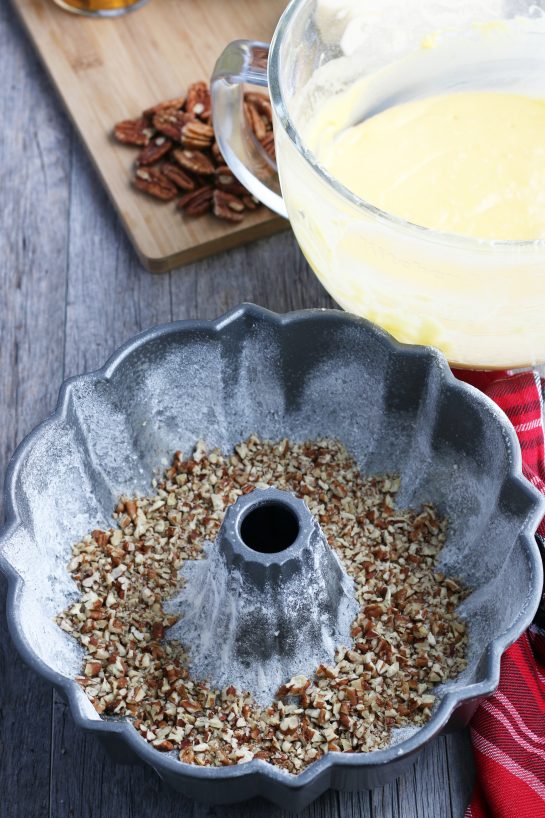 Here we see the bundt pan prepared and ready for our rum soaked cake batter!