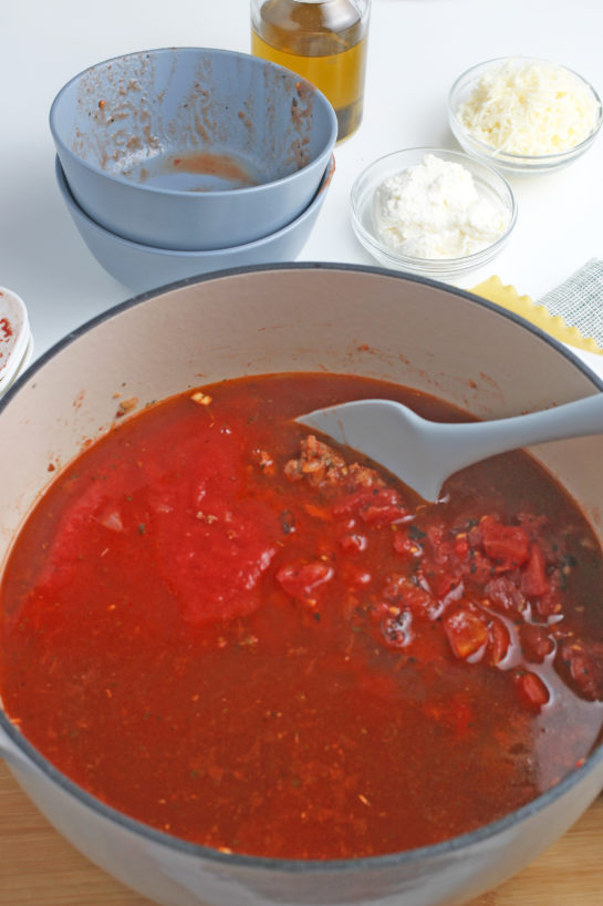 Now we add the sauce and some more spices to make this the most delicious lasagna soup.