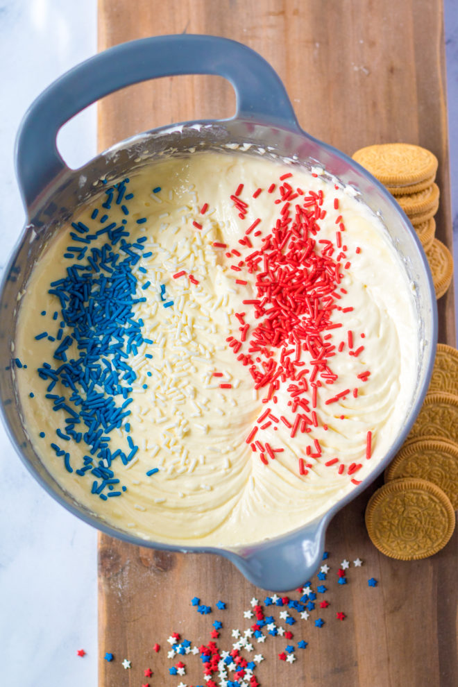 Ingredients being mixed to make the Red, White, and Blue Mini Cheesecakes Recipe