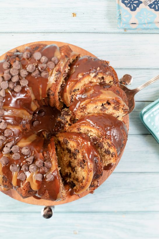 Peanut Butter Chocolate Chip Bundt Cake recipe is super easy and delicious cake that always pleases! The cake always comes out moist and is a combination of salty and sweet!