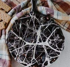 Overhead photo of the Spiderweb S'mores Dip recipe for Halloween
